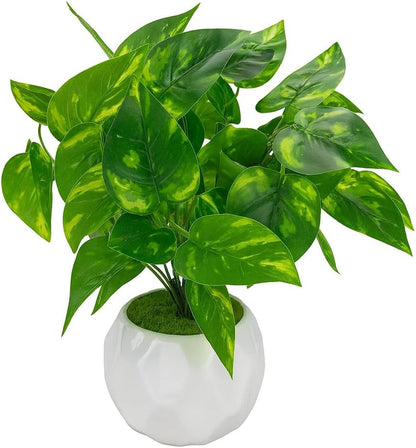 Artificial Potted Pothos Plant in Geometric White Pot for Indoor Decor