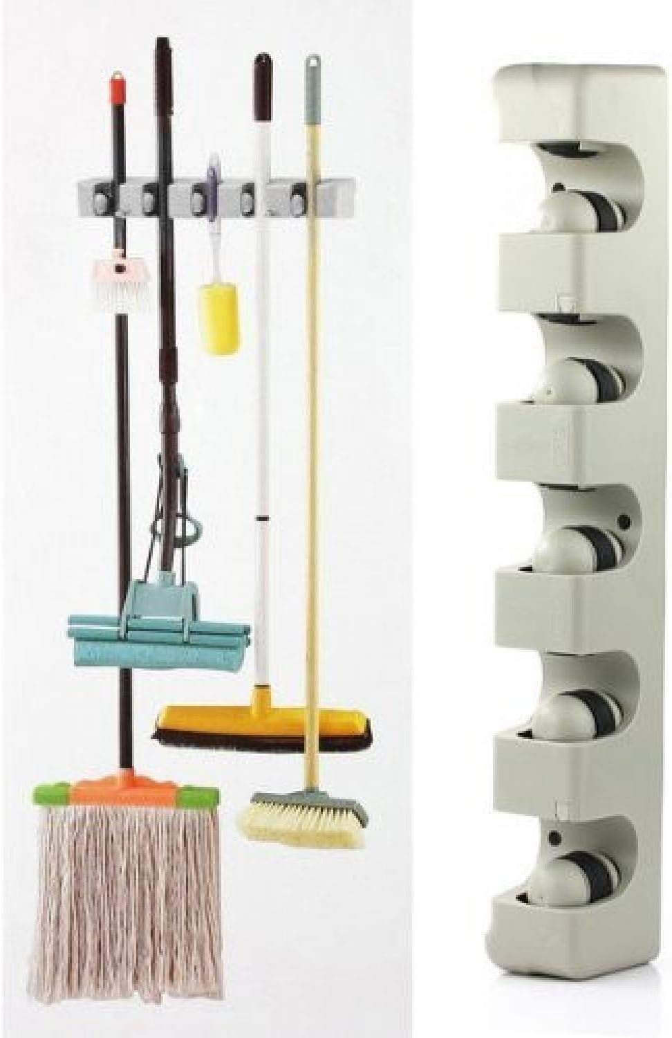 Wall Mounted Broom Holder – 5-Slot Organizer for Mops, Brushes, and Long-Handled Tools – Durable Plastic, Easy Installation with Screws Included for Home, Garage, Laundry, and More