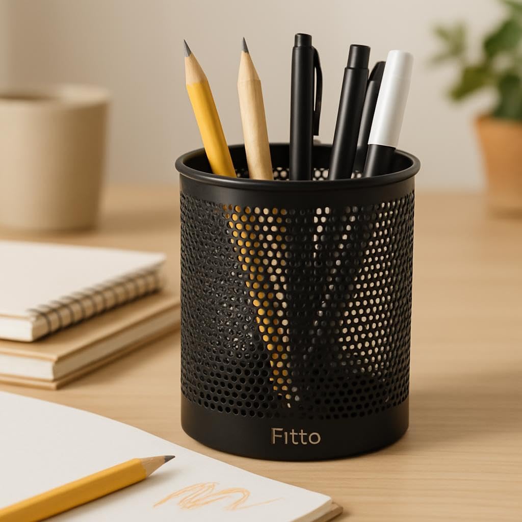 Round Pen Holder 10x8cm Black for Office Desk Organization