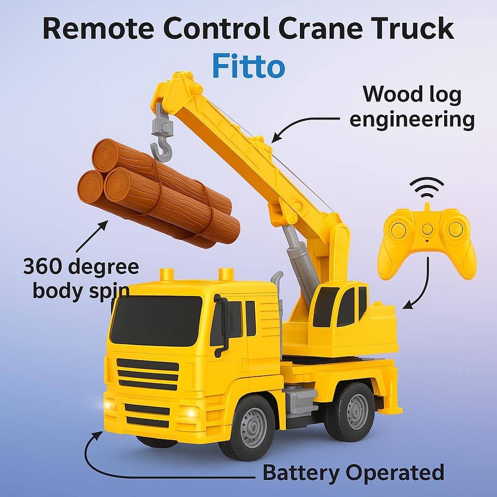 48 Pieces Remote Control Crane Trucks (Wood log engineering yellow & black truck – Heavy Machine with Battery Operated Heavy Duty Crane 360 degree body spin Toys for Boys)
