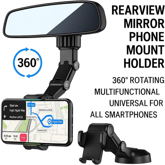Rearview Mirror Phone Mount Holder, 360° Rotating, Multifunctional, Universal for All Smartphones, Car Phone Holder