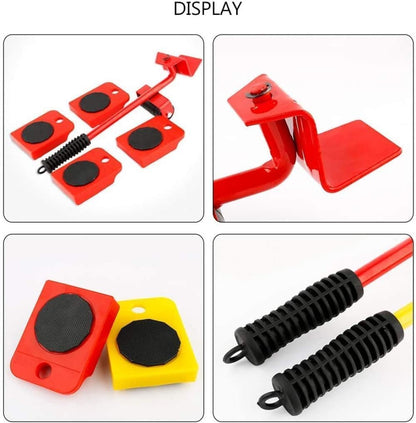 Furniture Gear Shift Lever Elevator - 5-Piece Heavy-Duty Red Moving Tool Set, Labor-Saving Slider for Easy Furniture and Appliance Transport