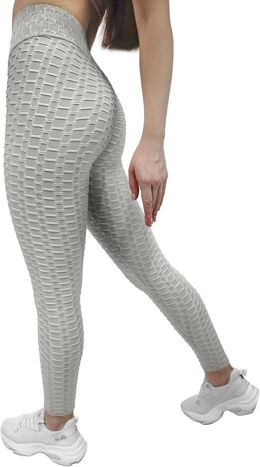 Fitto Greek Patterned Leggings - High Waisted Workout Gym Yoga Bubble Texture Pants for Women (Medium, Grey)