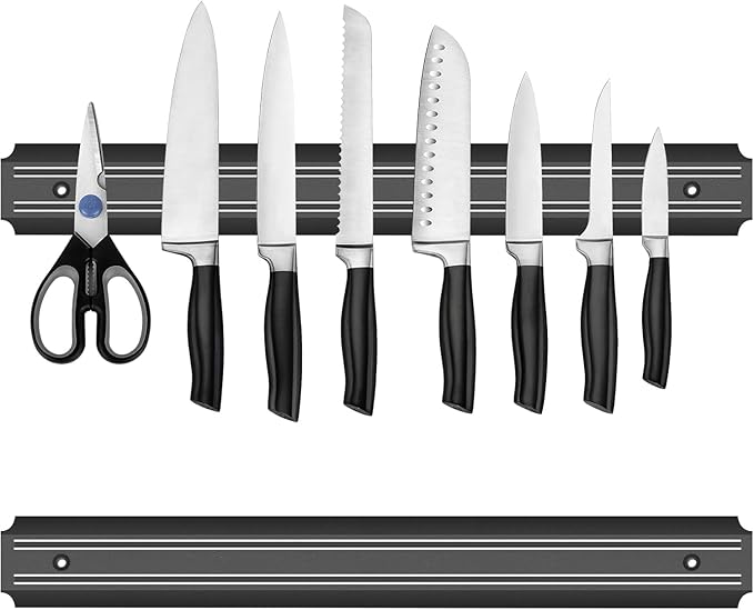 FITTO 15 Inch Magnetic Knife Holder Set of 2, Black Powerful Magnetic Knife Strip for Wall Mount, Space-Saving Magnetic Knife Rack with Screws for Kitchen Tools Utensils