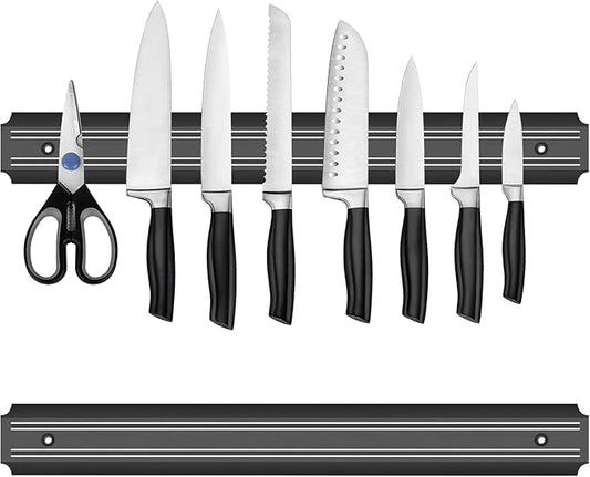 FITTO 15 Inch Magnetic Knife Holder Set of 2, Black Powerful Magnetic Knife Strip for Wall Mount, Space-Saving Magnetic Knife Rack with Screws for Kitchen Tools Utensils