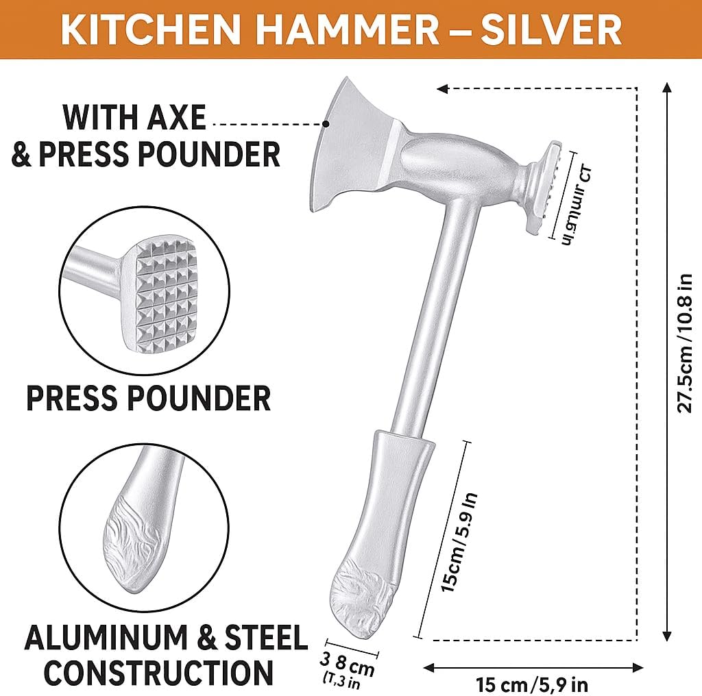 Kitchen Hammer – Silver Meat Tenderizer with Axe & Press Pounder for Hotel & Home Use, Aluminum & Steel Construction – 27.5cm x 15cm x 3.8cm