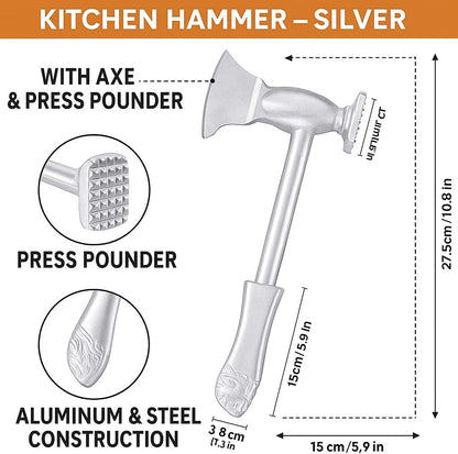 Kitchen Hammer – Silver Meat Tenderizer with Axe & Press Pounder for Hotel & Home Use, Aluminum & Steel Construction – 27.5cm x 15cm x 3.8cm