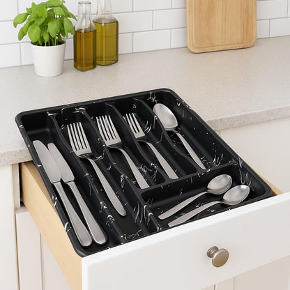 Black Kitchen Drawer Organizer - Adjustable Expandable Cutlery Tray, Non-Slip Design, Perfect for Silverware, Utensils, and Kitchen Tools - Premium Plastic, 7 Compartments