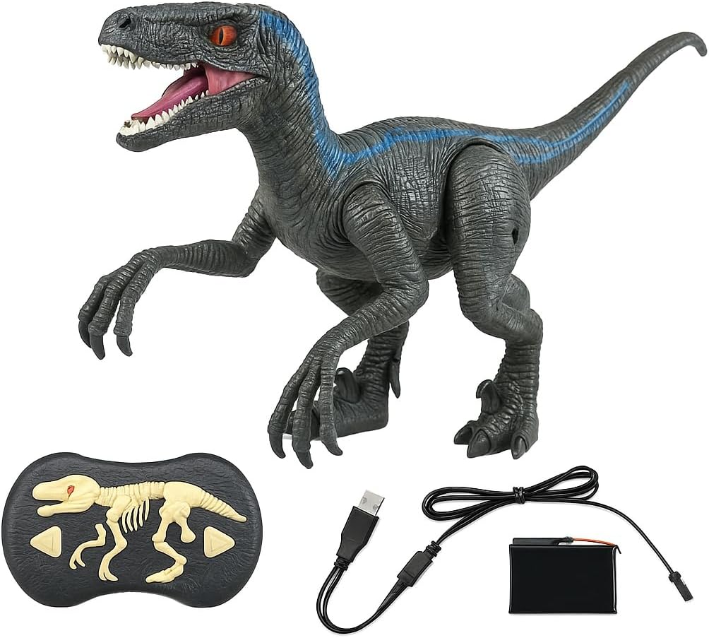 48 Pieces Remote Control Velociraptor Dinosaur Toys with Moving Legs (Glowing Eyes – Rechargeable Battery – Sounds and Light)