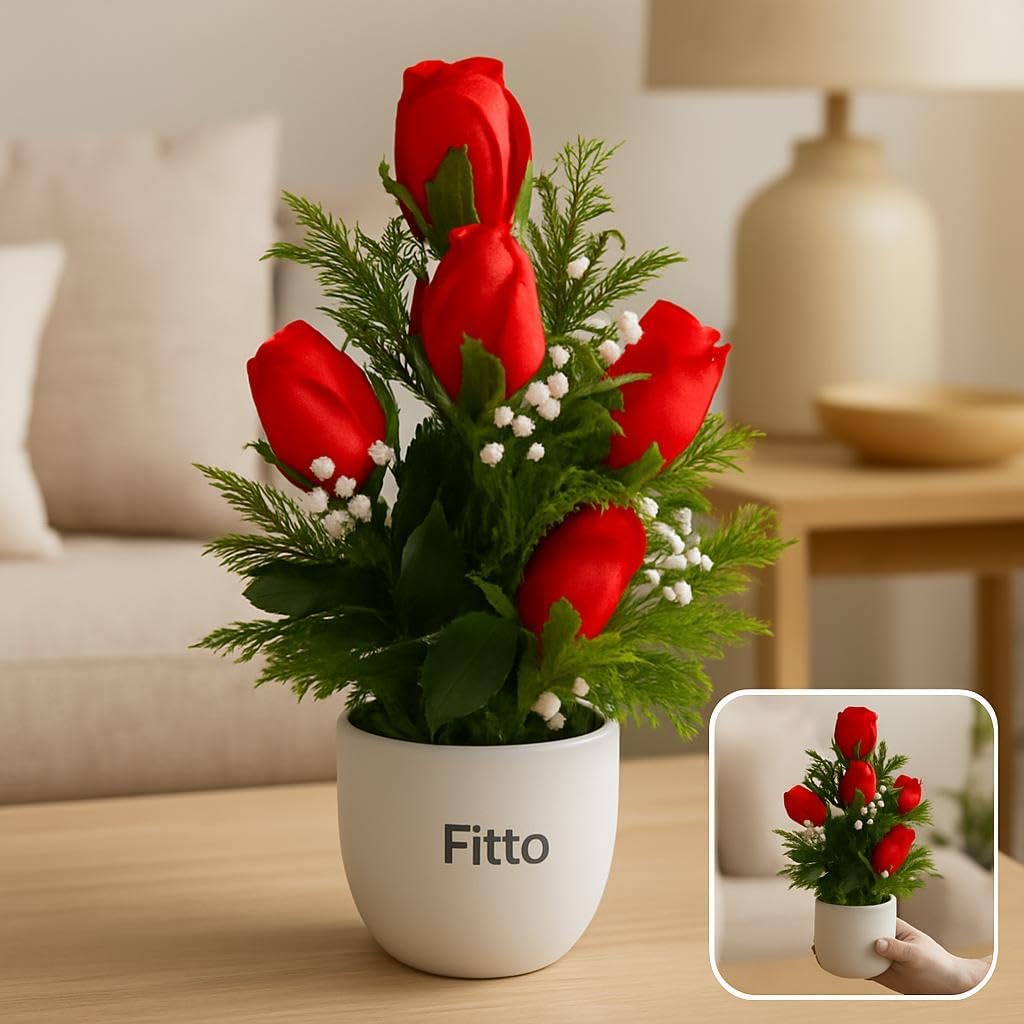 Artificial Red Rose Arrangement in White Pot with Green Foliage