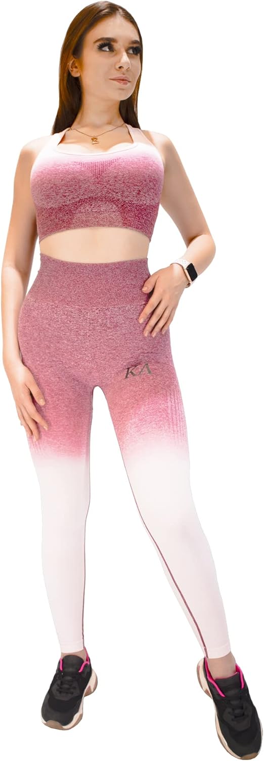 Fitto 2 Pieces Armour Set - High Waisted Seamless Leggings with Sports half Sleeves Top Workout Gym Yoga Ombre color Outfit for Women (Medium, white & Pink)