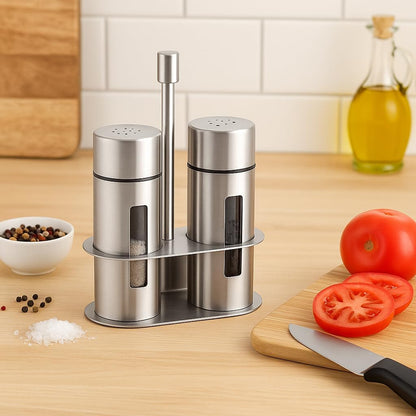 Stainless Steel Salt and Pepper Shaker Set with Stand, Odor-Free Spice Containers, Leak-Proof Airtight Seal, Transparent Glass Seasoning Jars, Ideal for Kitchen Condiments and Seasoning