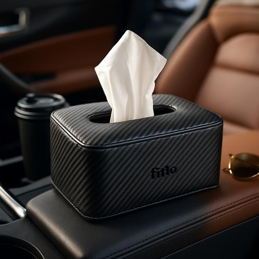 Car Leather Finish Carbon Fiber Refill Tissue Box Holder, Black
