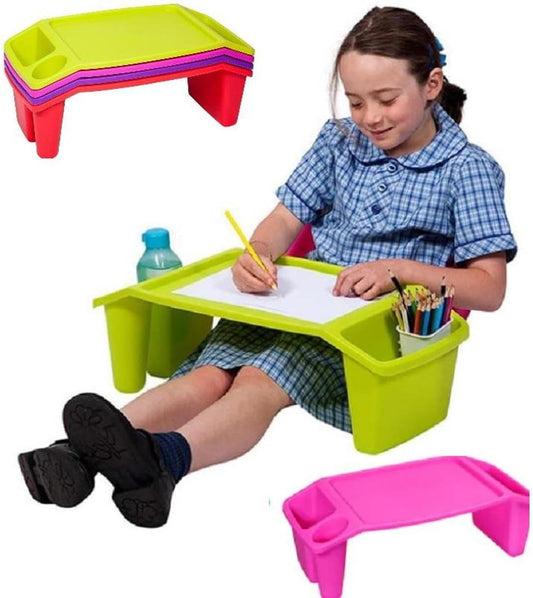 Desk Lap Tray Table with 3 Compartments, Versatile Bed Tray, Sofa Table with Side Pockets for Snacks, Tablets, Toys, and Reading - Perfect Portable Work Surface, Plastic, Grey