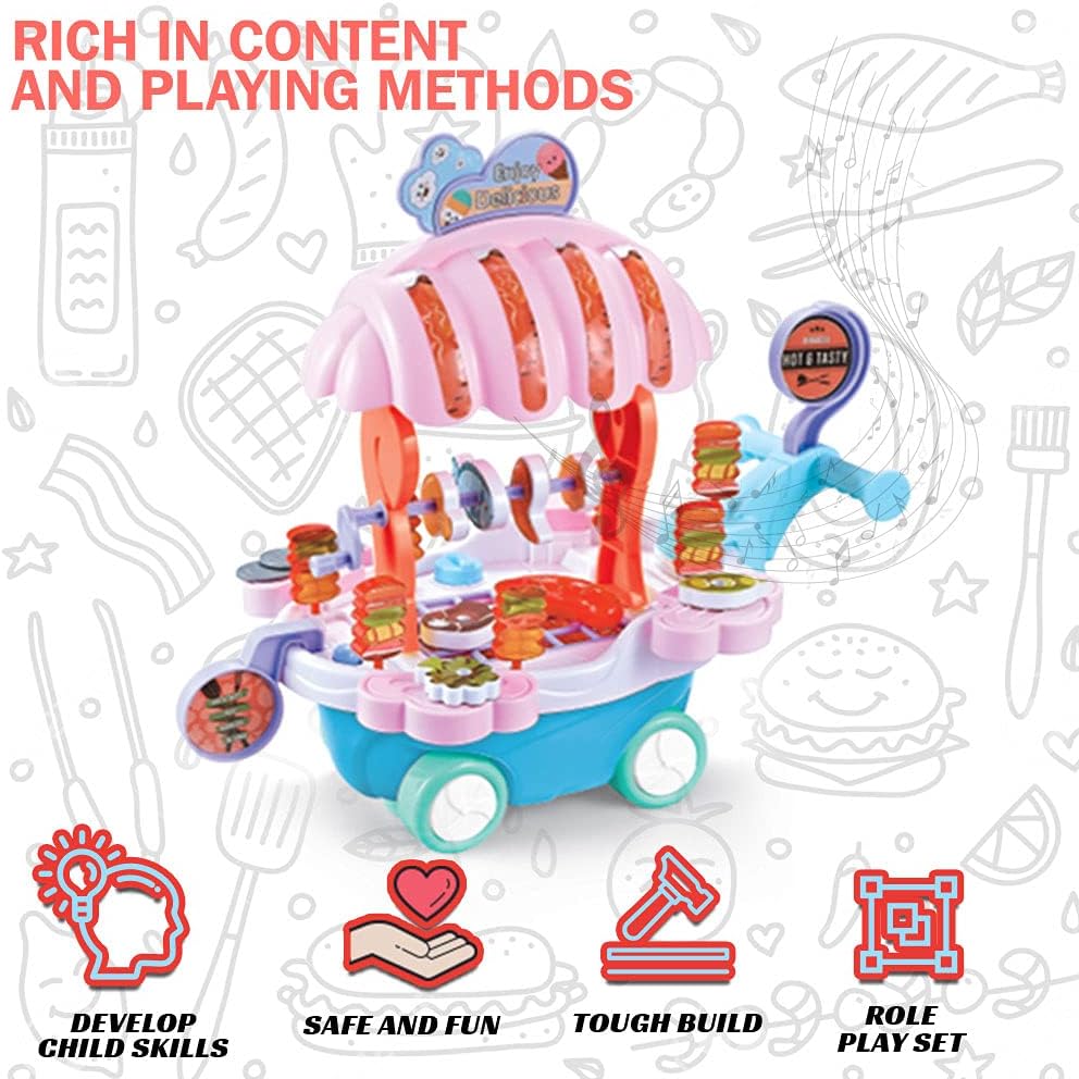 72 Pieces Kidwala Food Trucks for Kids (Barbecue Toy Cart Play Set – Pretend Play Toys for Girls – Educational BBQ Trolley With Music & Lighting – Red)