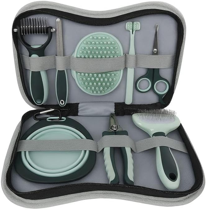 60 Pieces Cat Grooming Tool sets (including Dematting rake – Nail file – Silicone bath brush – Dual-headed toothbrush – Scissors – Collapsible cat bowl – Nail clippers – and Slicker brush – Assorted Colors.)