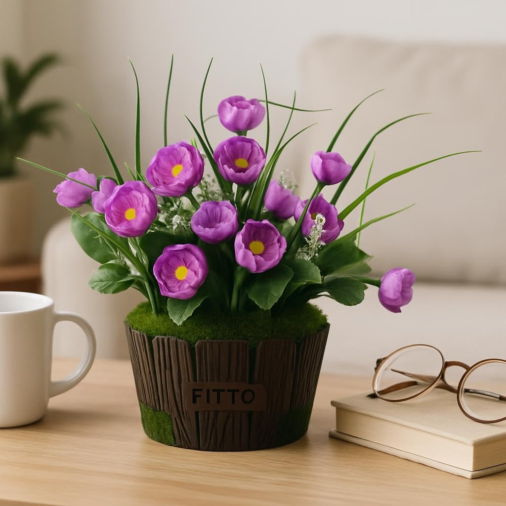 Purple Flower Arrangement with Yellow Centers in Decorative Wood-Look Pot