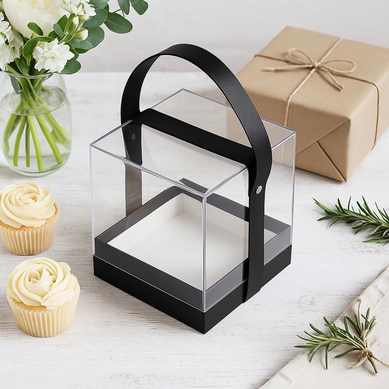 Transparent Acrylic Gift Square Box 14x14x14cm with Black Handle for Storage and Display