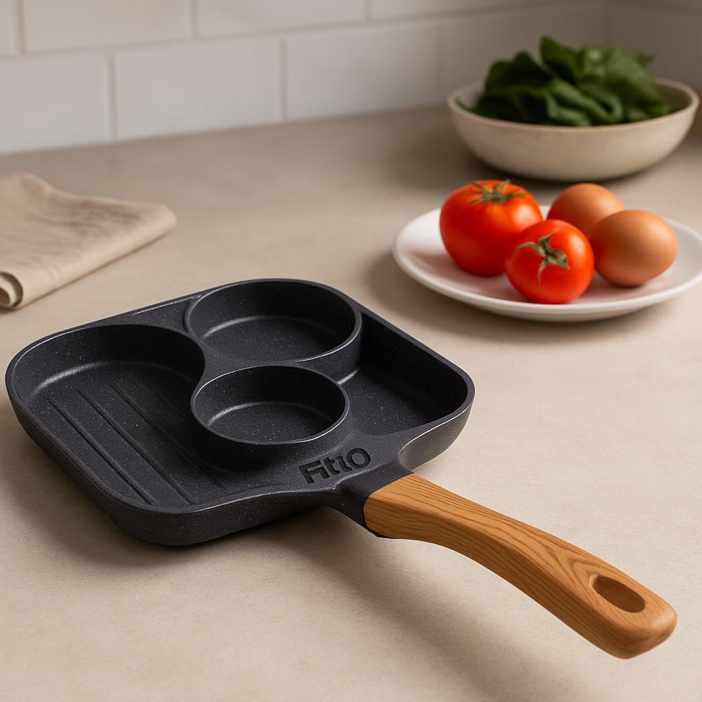 3 in 1 Non Stick Egg Frying Pan with Blocks Aluminium and Wooden Handle