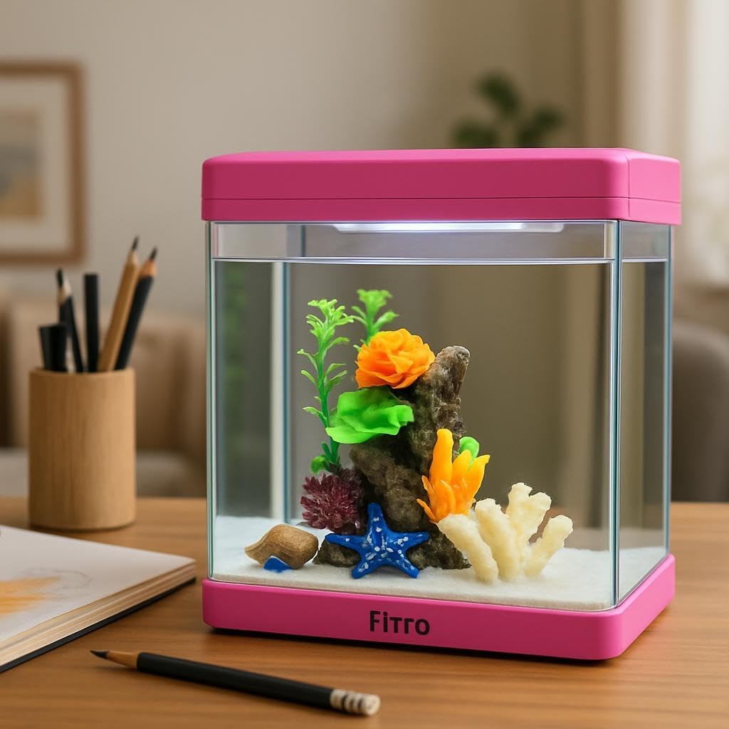 48 Pieces Aquarium -s (8 Litre Capacity – 24 x 17 x 28.5 cm – Full Set Table Top Fish Tank with Energy-Saving Colorful LED Light – Top Water Filter – Air Blower – and Feeding Hole – Perfect for Small Fish – Shrimp – and Aquatic Decor in Home or Office)
