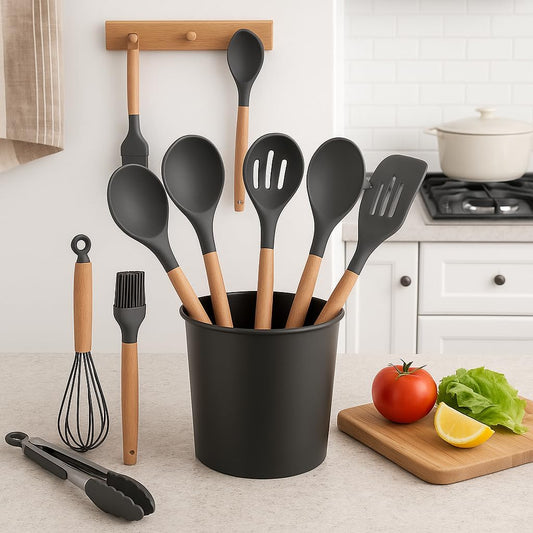 12 Pcs Silicone Cooking Utensils Set - Non-Stick, Heat Resistant, BPA-Free Kitchen Tools with Wooden Handles for Cooking, Baking, and Frying - Durable, Easy to Clean Utensil Set