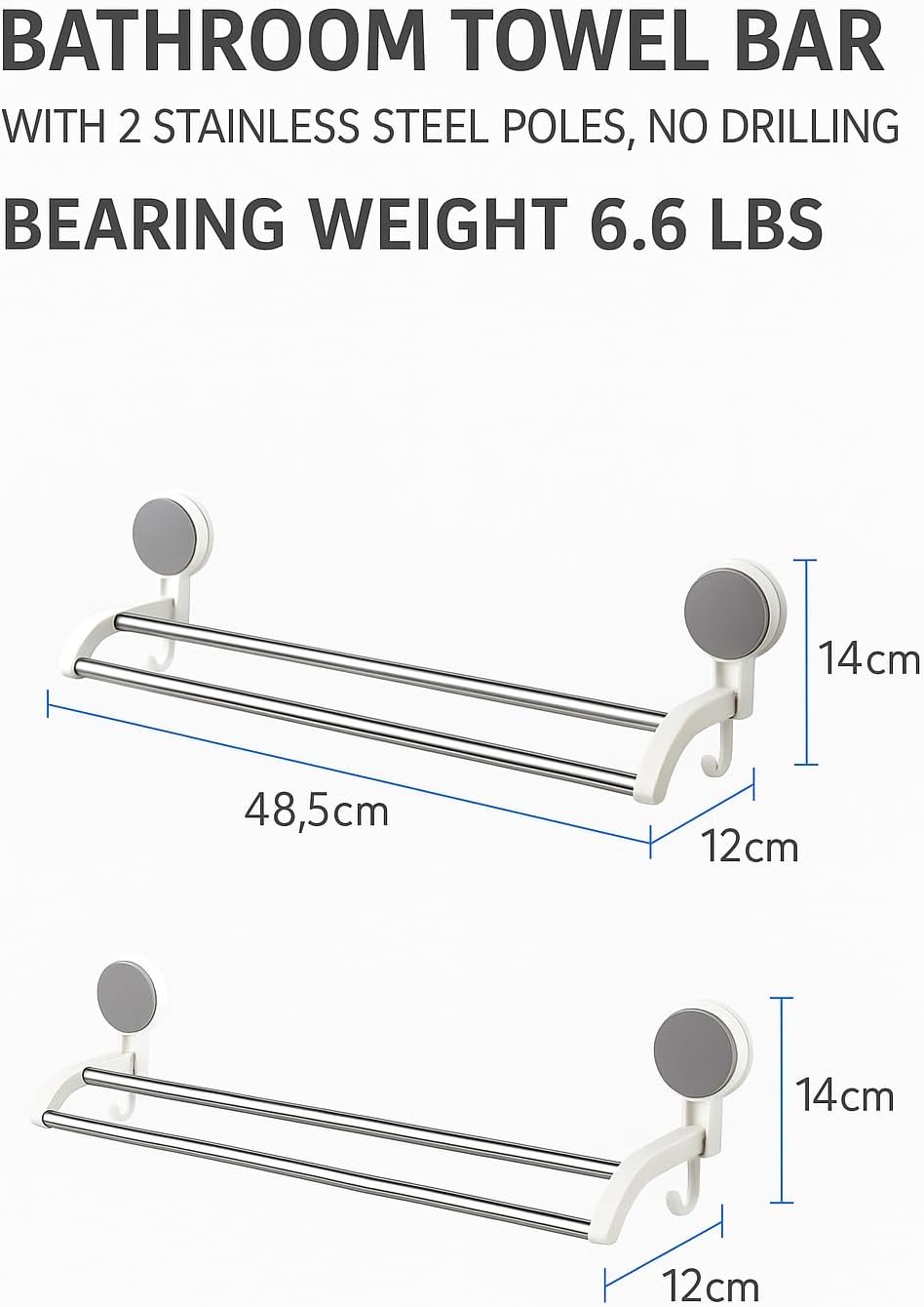 96 Pieces Bathroom Towel Bars with 2 Stainless Steel Poles (No Drilling – Bearing Weight 6.6 Lbs – Towels Hanger – Laundry Hook – Kitchen Rack – White)