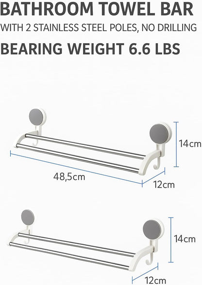 Bathroom Towel Bar with 2 Stainless Steel Poles, No Drilling, Bearing Weight 6.6 Lbs, Towels Hanger, Laundry Hook, Kitchen Rack, White
