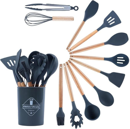 Fitto GROUP 12pcs Kitchen Utensils Set, Heat Resistant Set, Kitchen Accessories for Non-Sticky Pans, Home Cooking Utensils, Super Kitchen Silicone Spatula Stuff - Grey