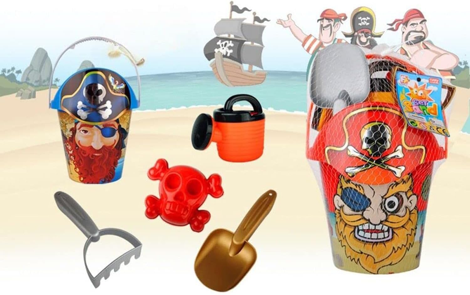 96 Pieces Plastic Pirate Sand Toy Playsets with Bucket (Shovel – Watering Can – and Moulds Cool Pirate Design)