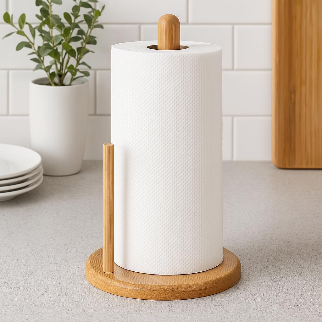Bamboo Paper Towel Roll Holder, Countertop Kitchen Paper Roll Holder with Non-Slip Base, Natural and Durable Design for Kitchen Paper, Foil, and Cling Film Storage