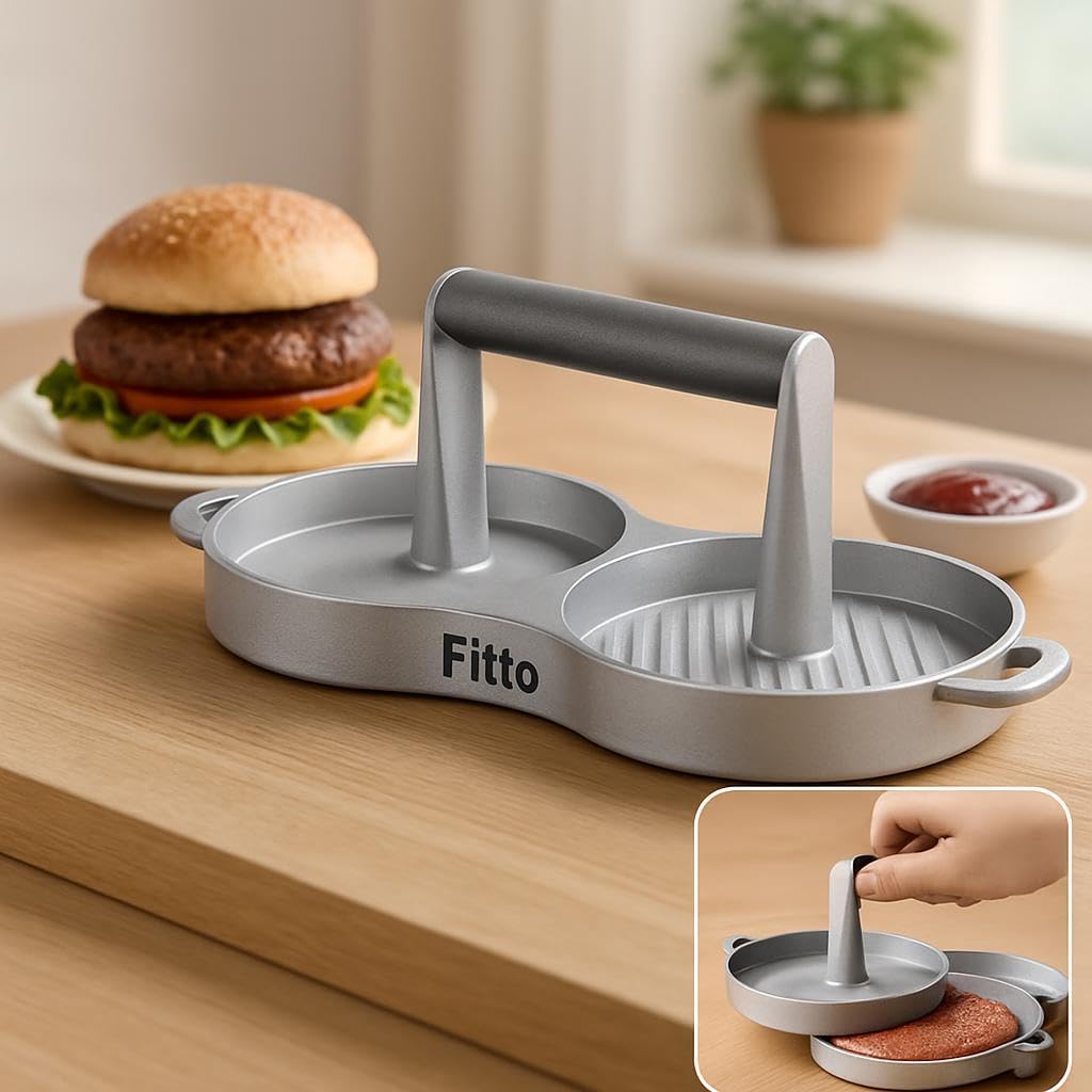 Burger Press Patty Maker for Steaks and Veggies, Double Head Design, Silver