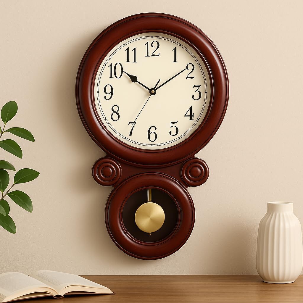 60 Pieces Elegant Wall Clocks with Pendulum (Stylish Wooden Finish Frame – Silent Quartz Movement – Large Numbers – Ideal for Home – Office – and Living Room Décor)