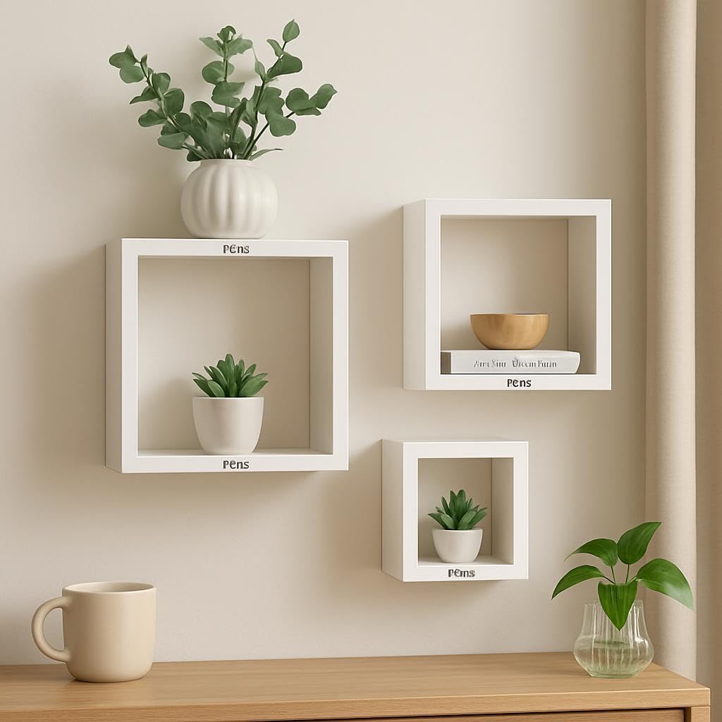 Wall Shelves Cube 3Pcs Set, White for Home and Office Storage