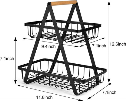 2-Tier Countertop Fruit Basket Storage, Vegetable Rack – Black, Stylish and Space-Saving Design for Kitchen Organization, Fresh Produce Holder, Sturdy Metal Frame for Fruits & Veggies