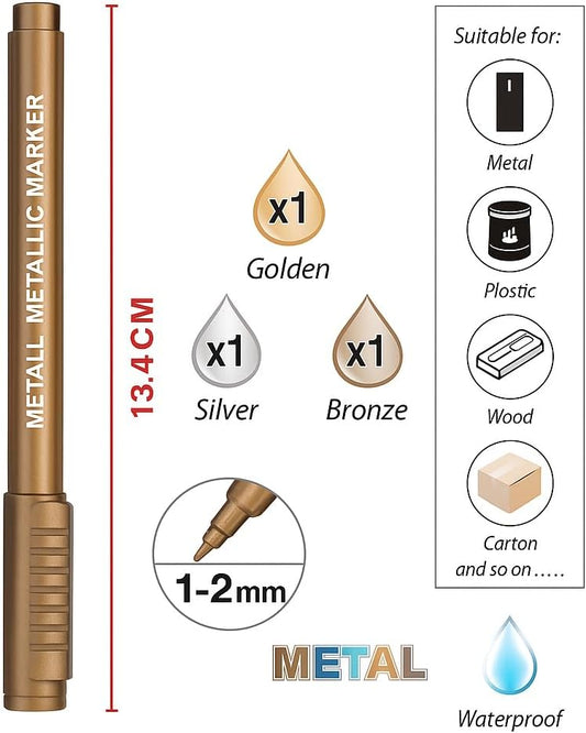 Metal Marker Set 3 Piece 13.4 cm 1-2 mm Tip for Precision Marking