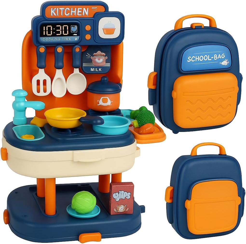 Kitchen Toy Kitchen Backpack Playset For Kids, Portable Kids Mini Play Kitchen With Cooking Utensils, Pots, Fruits And Vegetables
