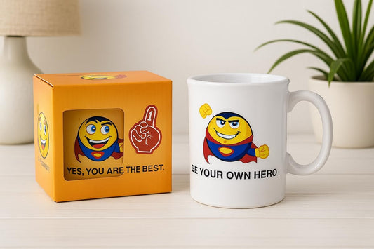 White Ceramic Mug with Superhero Emoji Print, 350ml Coffee Cup, Fun Design for Home or Office