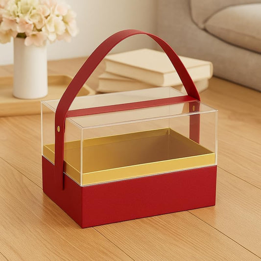 Transparent Acrylic Gift Rectangular Box with Handle, Red, 18x13.5x12.5cm for Storage and Display