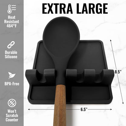 Extra Large Black Silicone Spoon Rest for Stove Top with Drip Pad - Heat-Resistant BPA-Free Utensil Holder for Kitchen Counter (1 Pack)