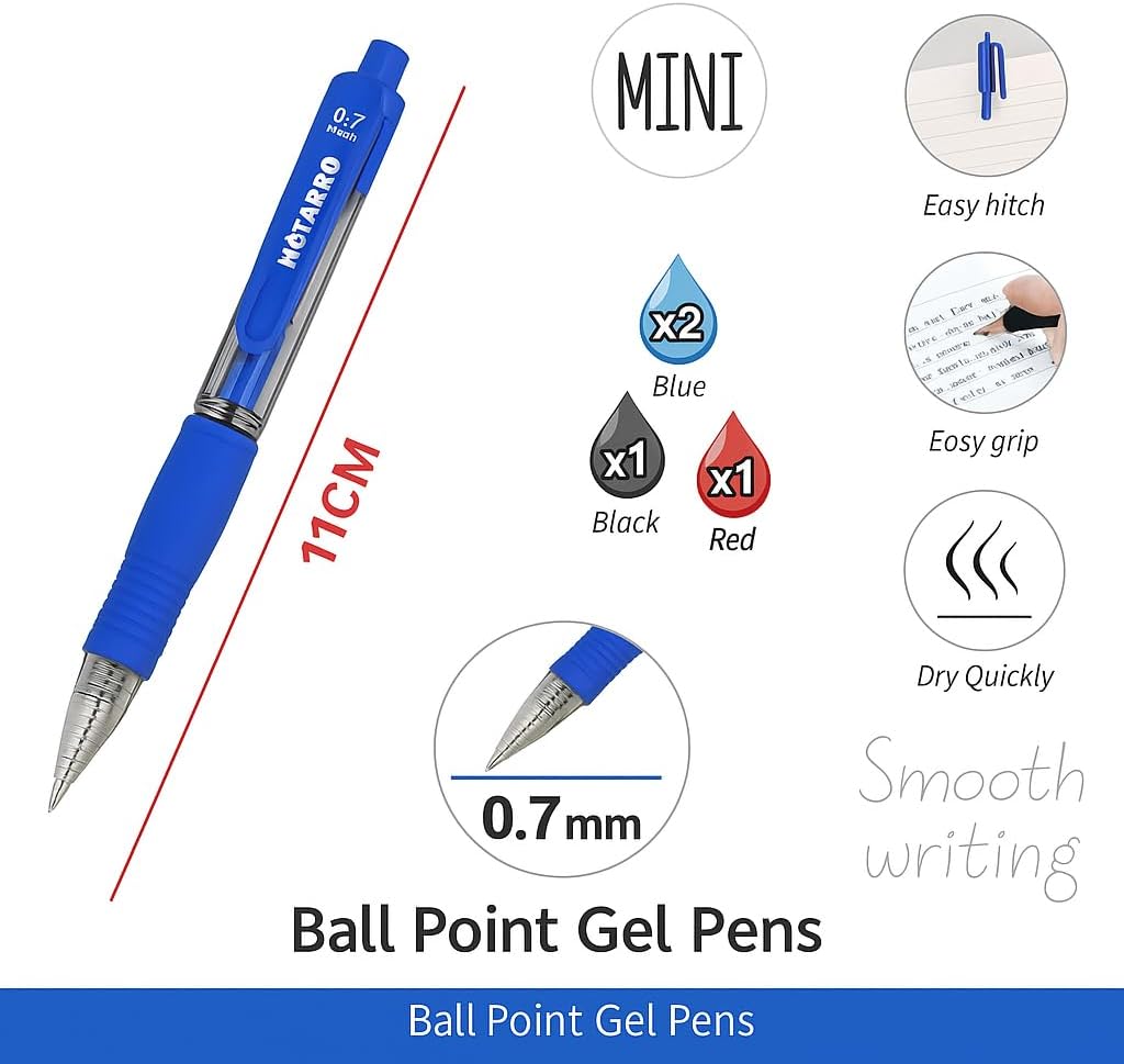 4 Pieces Ball Point Gel Pens, 0.7mm, 11cm, Assorted Colors