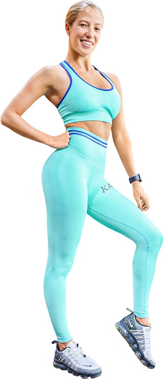 Fitto 2 Pieces Pulse Set - High Waisted Leggings with Sports Round neck Bra Shoulder Strap turquoise Workout Gym Yoga Sleeveless Outfit for Women (Medium, Blue)