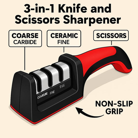 Knife and Scissor Sharpeners, 3 Stage, 3-in-1, Non-Slip Grip, For Knives, Red