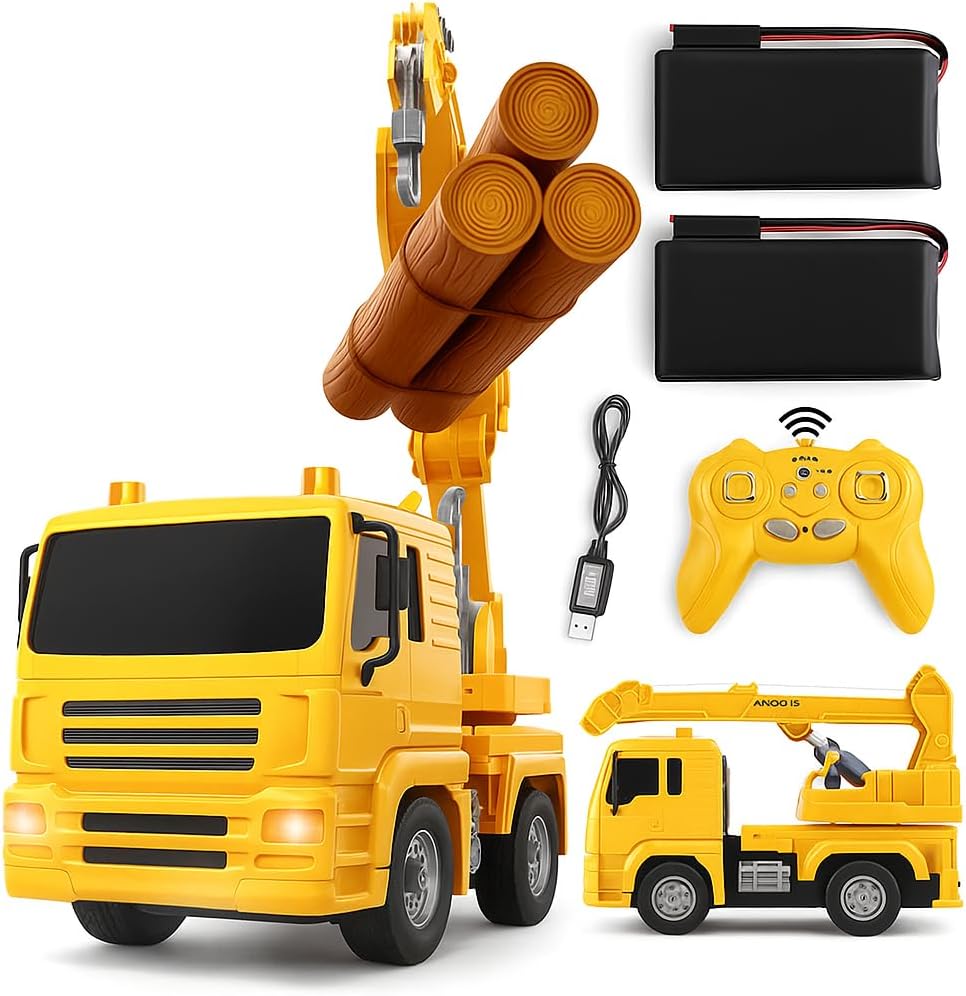 Remote Control Crane Truck, Wood log engineering yellow & black truck, Heavy Machine with Battery Operated Heavy Duty Crane 360 degree body spin Toys for Boys