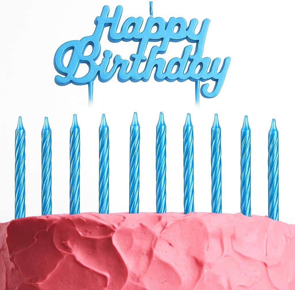 Blue Birthday Cake Candles Set, 10-Pack Spiral & Happy Birthday Letter Candles for Cake & Party Decoration