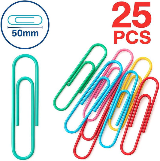 25 Pieces Paper Clips, 50mm Plastic Coated Assorted Colors for Office Use
