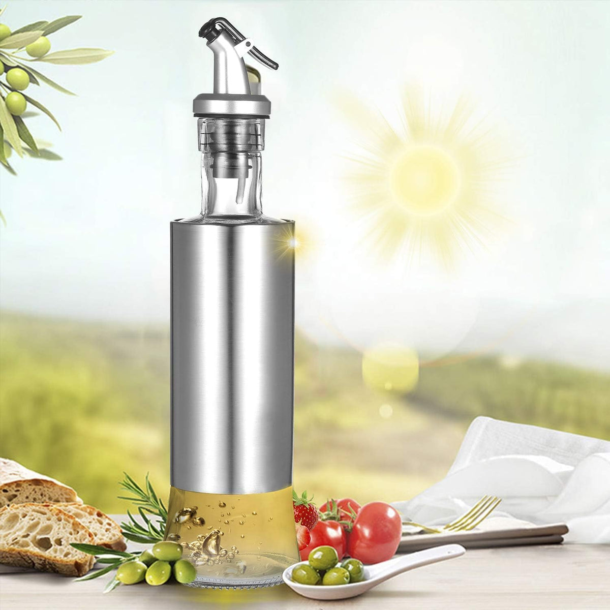 96 Pieces Olive Oil Dispenser Bottles (10 Oz Glass Decanter with Dripless Spout & Degree Scale – Liquid Condiment Container for Kitchen)
