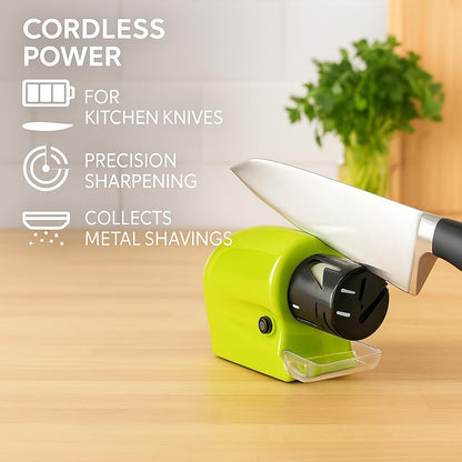 Cordless Motorized Knife Sharpener, Compact & Portable, Battery-Operated Blade Sharpening Tool for Kitchen Knives, Scissors, and More – Green, H130 x W32 x D30 mm