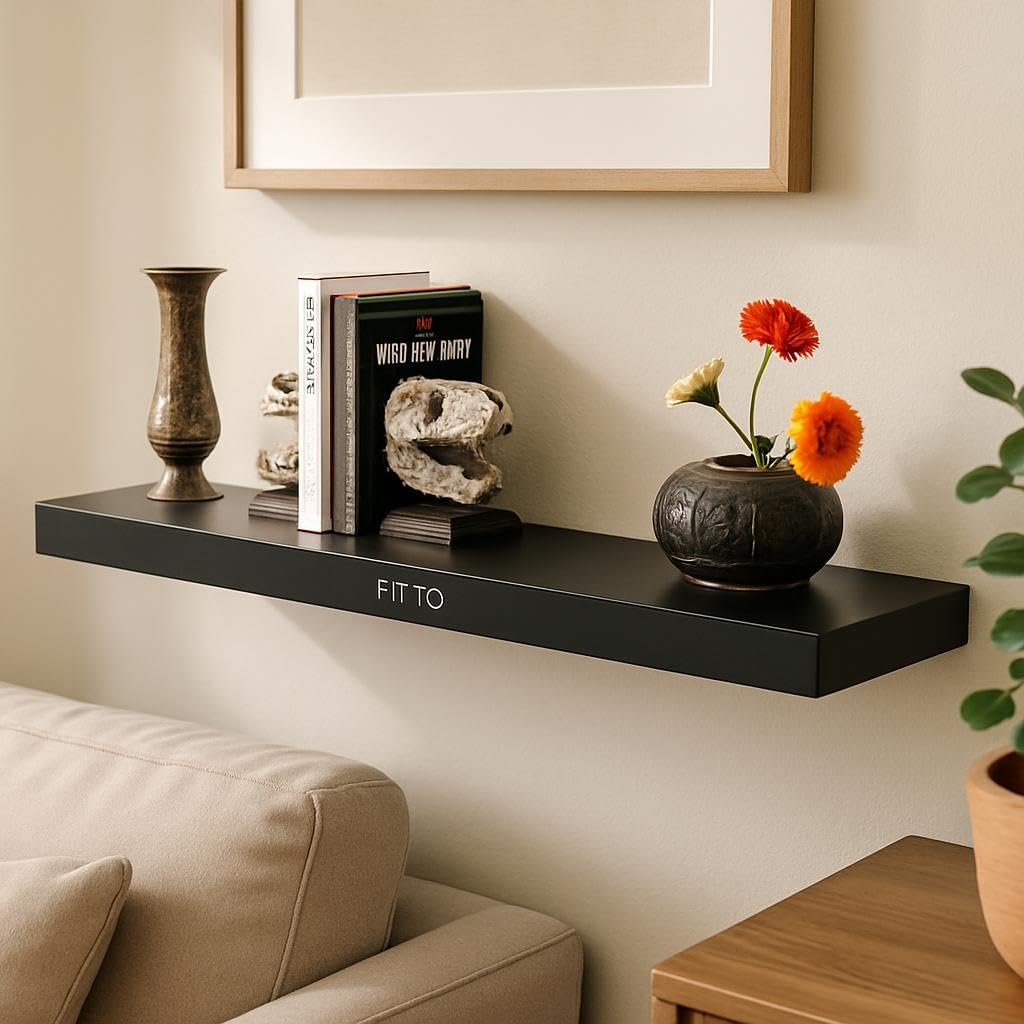 Black Wall Shelf 80x19.5x3.8cm for Home and Office Storage