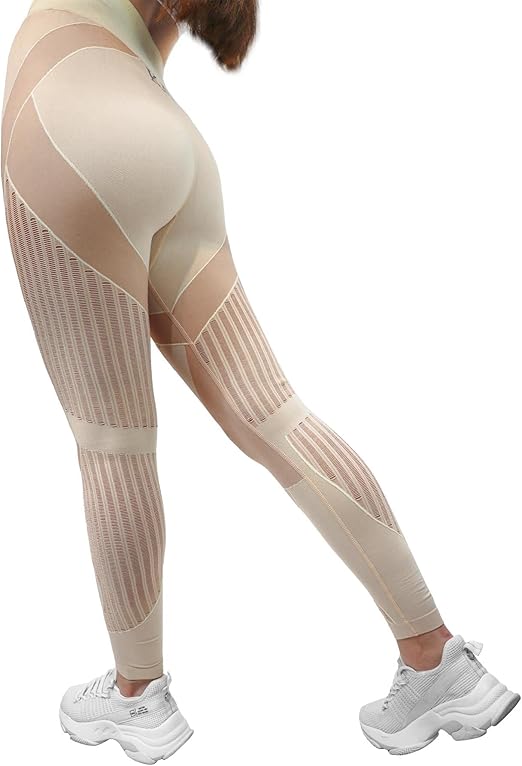 Fitto Mesh Panel Leggings - High Waisted Workout Gym Yoga Pants for Women (Medium, Beige)