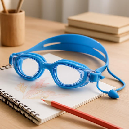 Blue Swimming Goggles with Anti-Fog, UV Protection, Adjustable Strap & Ear Buds – Silicon & Plastic Design
